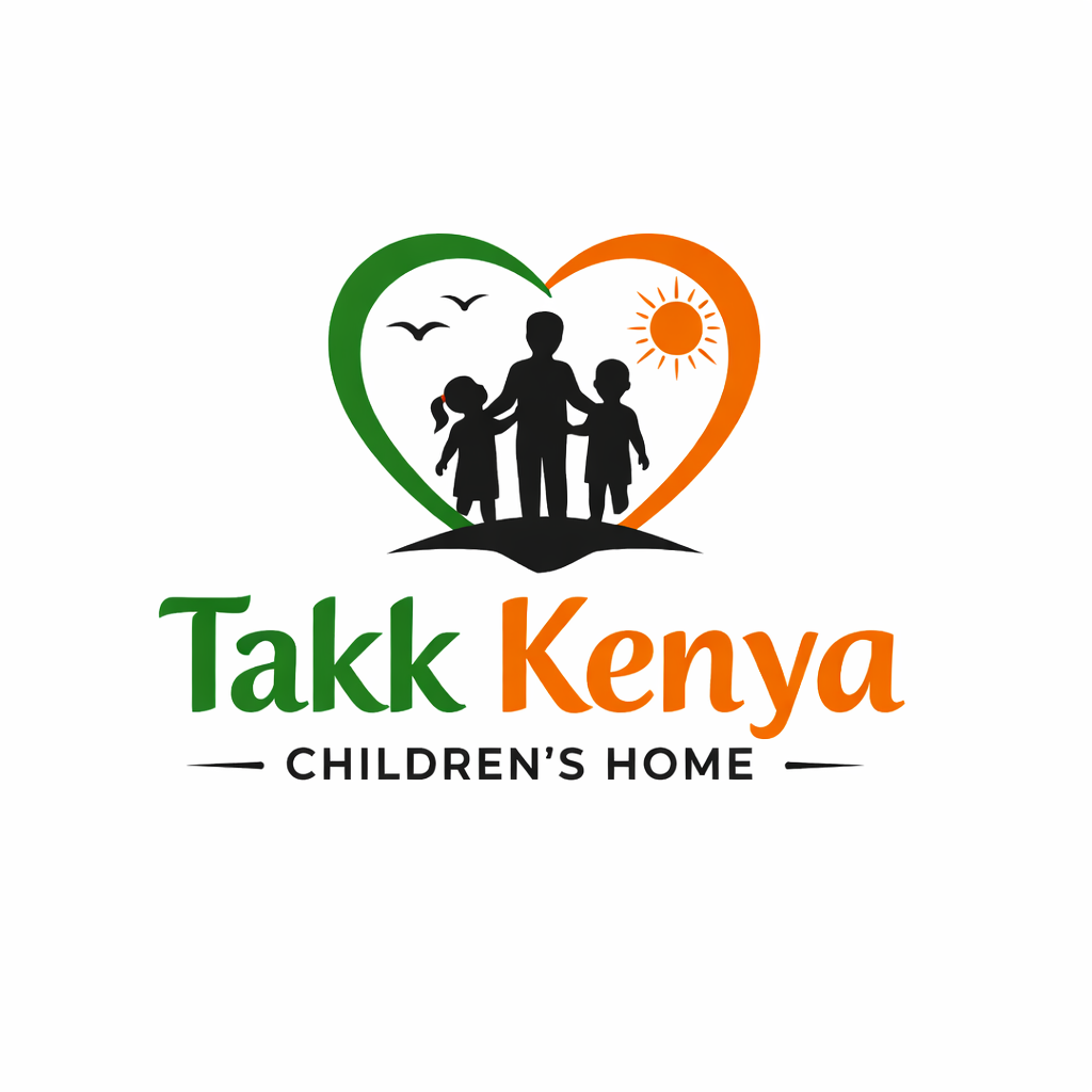 Logo of Takk Kenya Children's Home showing three children in a heart with sun and birds.